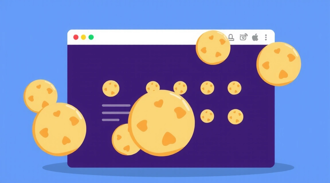 Ilustración de una ventana de navegador con iconos de cookies flotando alrededor, simbolizando la gestión de la privacidad en línea.