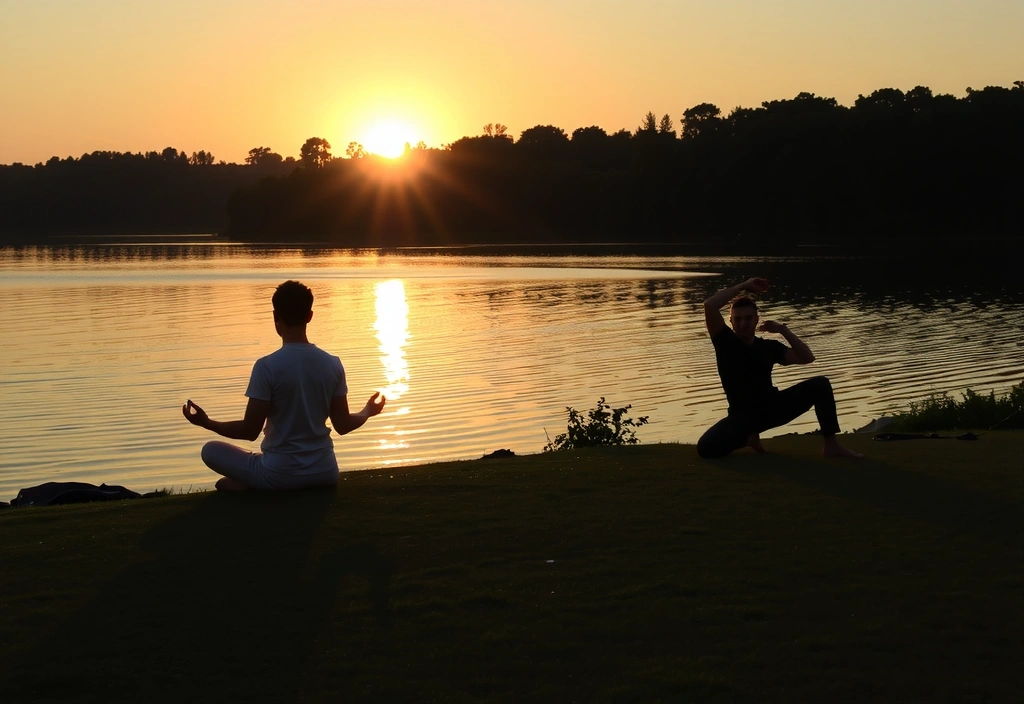People meditating or doing light exercises in a calm natural setting