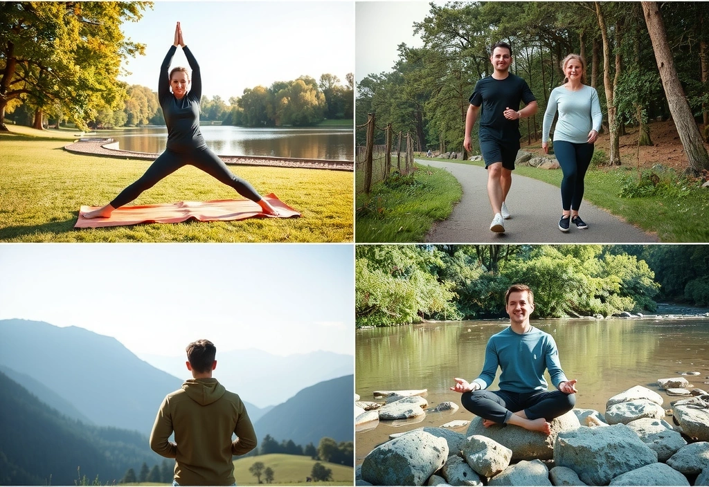 People engaging in healthy activities like yoga and walking in nature