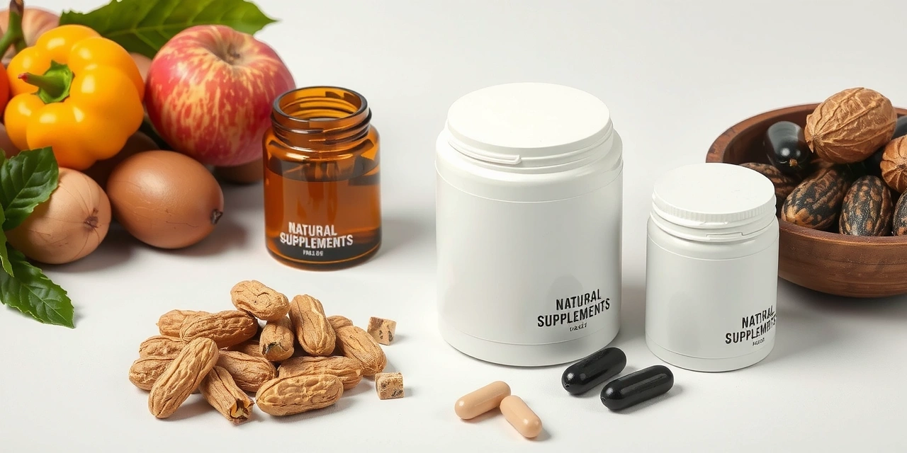 Various natural supplements in stylized containers, with natural ingredients around, no text, no letters, no inscriptions.